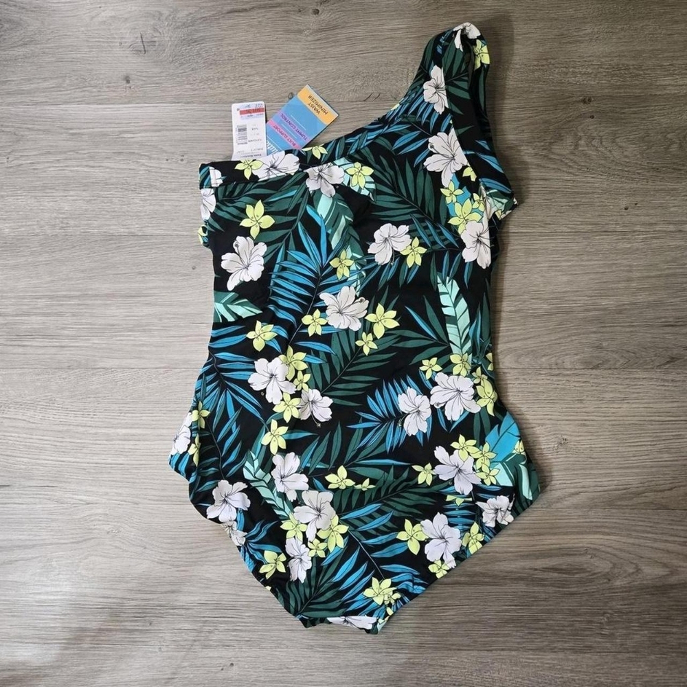 Swim Solutions Women's Black and Green One-Shoulder Floral Swimsuit-one-piece